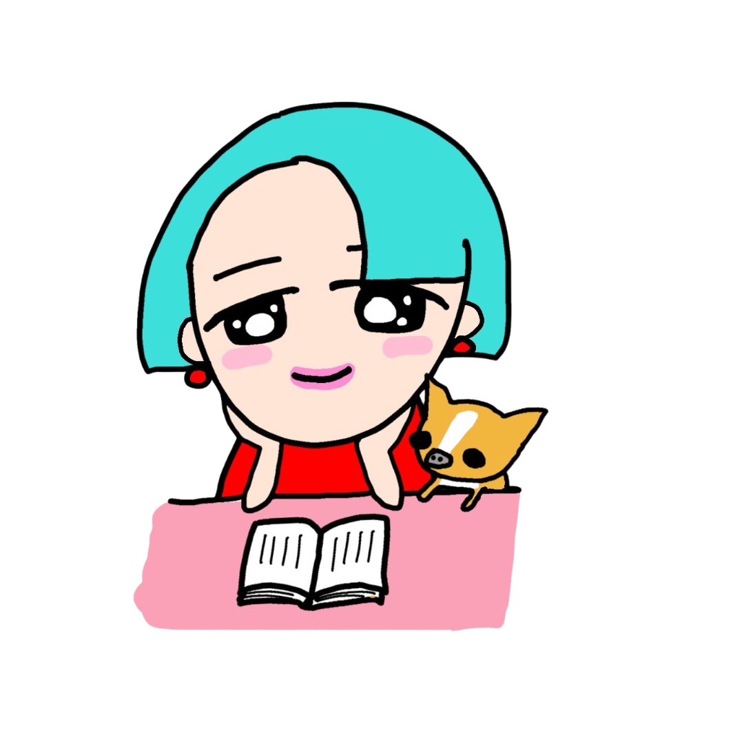 本を前に犬と並ぶ、ひおかまさこのキャラクター