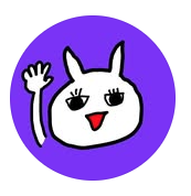 紫色の背景で手を振る、てがき堂のうさぎのキャラクター